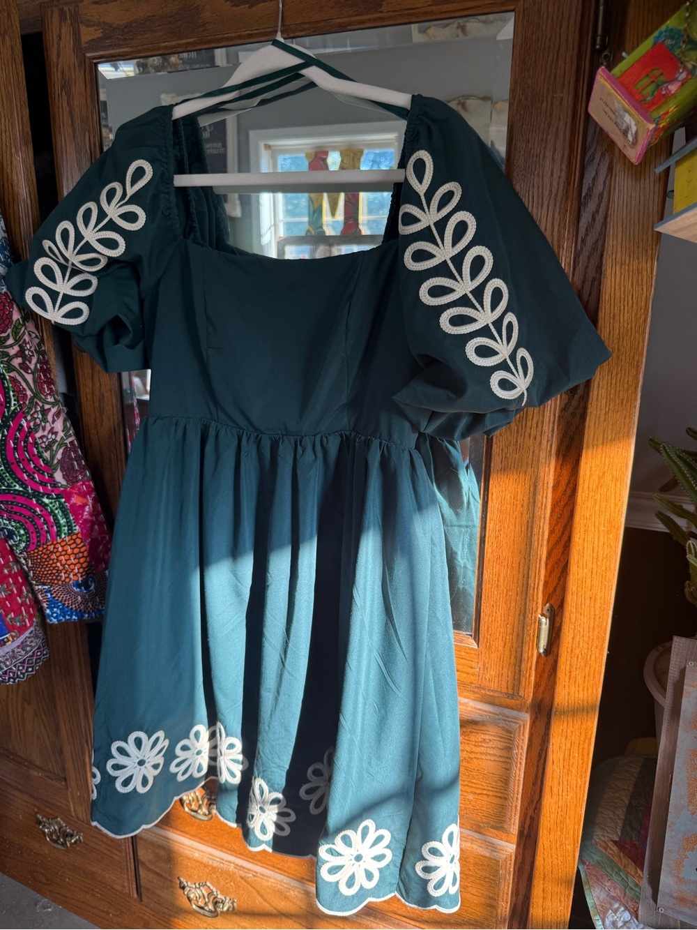 She + Sky Teal Puff-Sleeve Dress with White Floral Embroidery